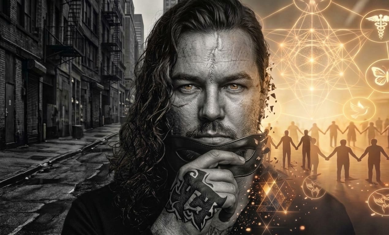 Portrait of Sean Patrick Barrett lowering a black mask... a grayscale city street on one side, golden sacred geometry and a circle of people holding hands on the other.
