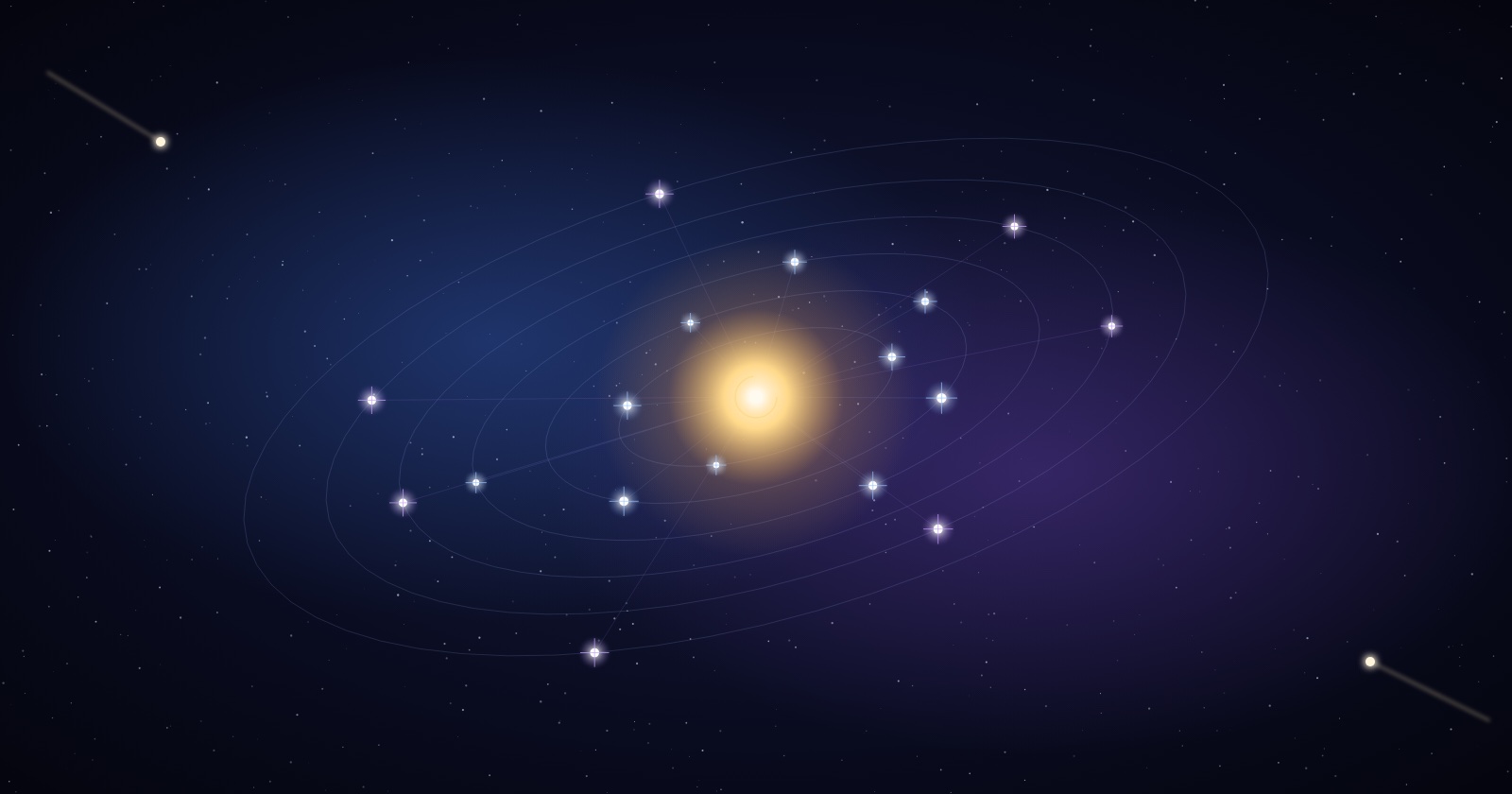 Seventeen stars... blue and violet... orbit a glowing golden center on tilted rings, while two warm comets drift at the edges of the frame.